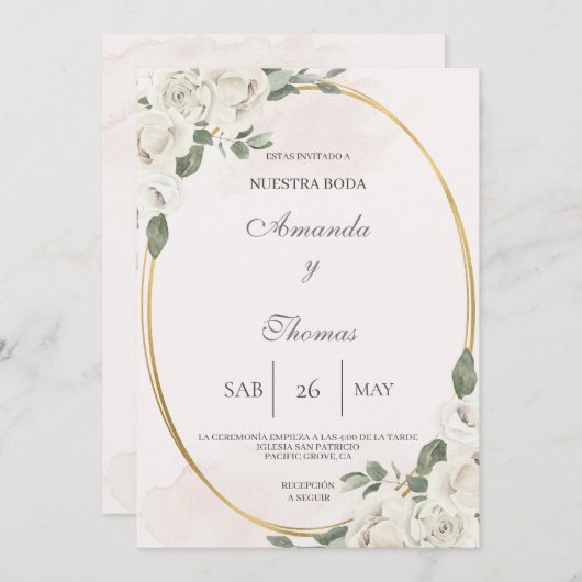 Ovaal gevormd met witte bloem bruiloft uitnodiging (Voorkant / Achterkant)