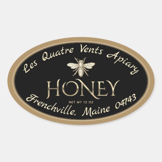 Ovaal heraldic bee Gold Border Black Honey Label (Voorkant)