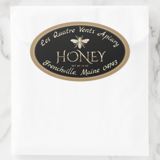 Ovaal heraldic bee Gold Border Black Honey Label (Tas)