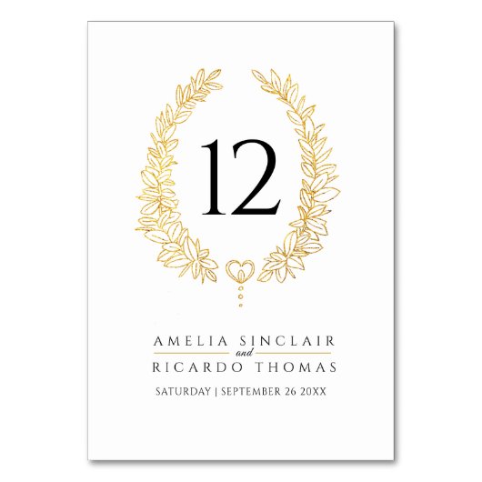 Ovaal kransblad in goud op witte bruiloft kaart (Voorkant)