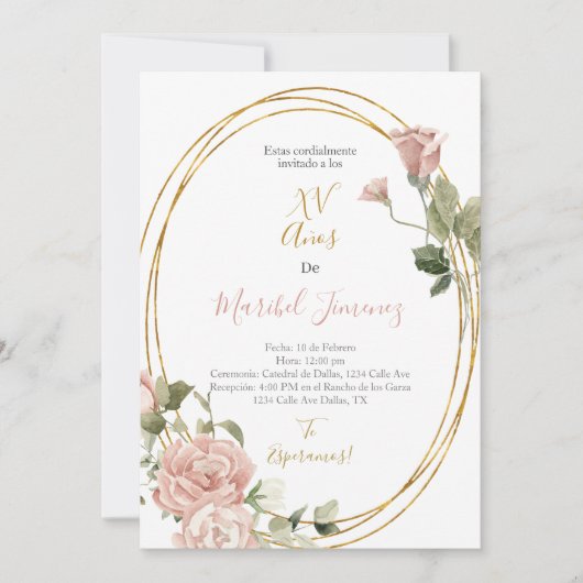 Ovaal lijst Quinceanera uitnodiging in het Spaans (Voorkant)