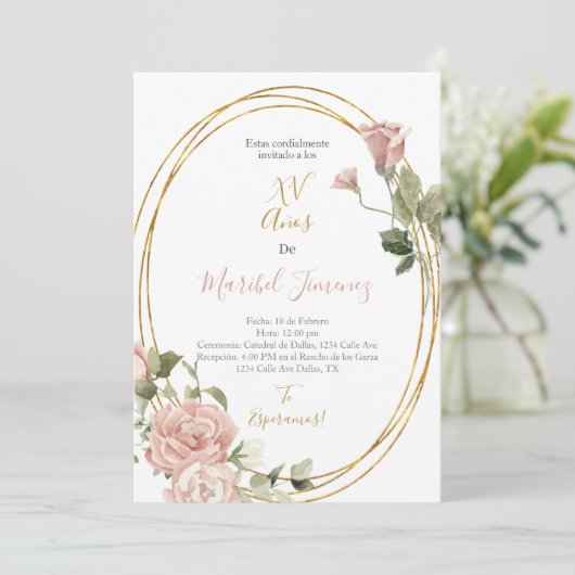 Ovaal lijst Quinceanera uitnodiging in het Spaans (Staand voorkant)