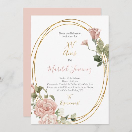 Ovaal lijst Quinceanera uitnodiging in het Spaans (Voorkant / Achterkant)