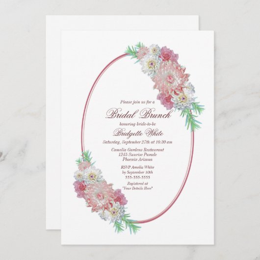  Ovaal Lijst Roze Bloemen Bruidsbrunch Kaart (Voorkant / Achterkant)