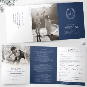 Ovaal monogram bruiloft RSVP blauw wit Drieluik Uitnodiging