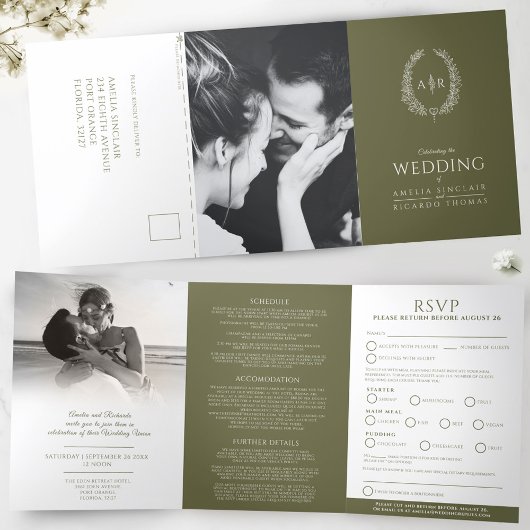 Ovaal monogram bruiloft RSVP olijfgroen wit Drieluik Uitnodiging