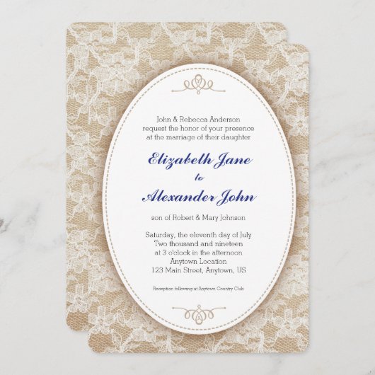 Ovaal op Burlap en Kant Bruiloft Kaart (Voorkant / Achterkant)