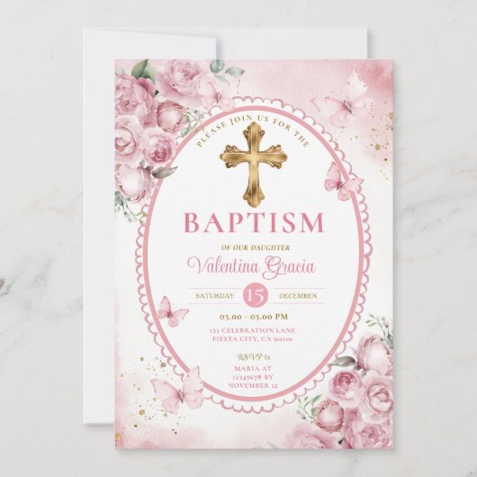  ovaal roze vlinder meisje doopkruis kaart (Voorkant)