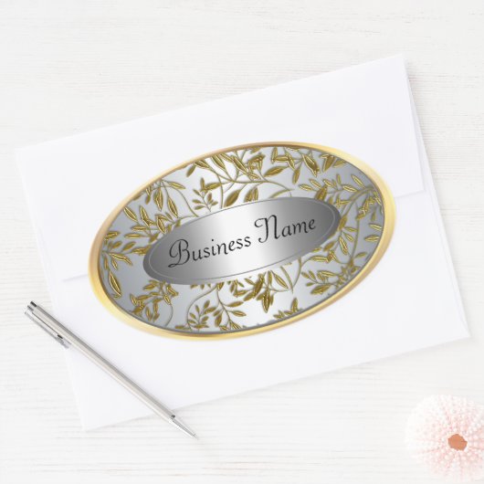 Ovaal Sticker label zwart zilvergoud bloemig (Envelop)