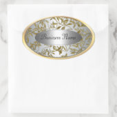 Ovaal Sticker label zwart zilvergoud bloemig (Tas)