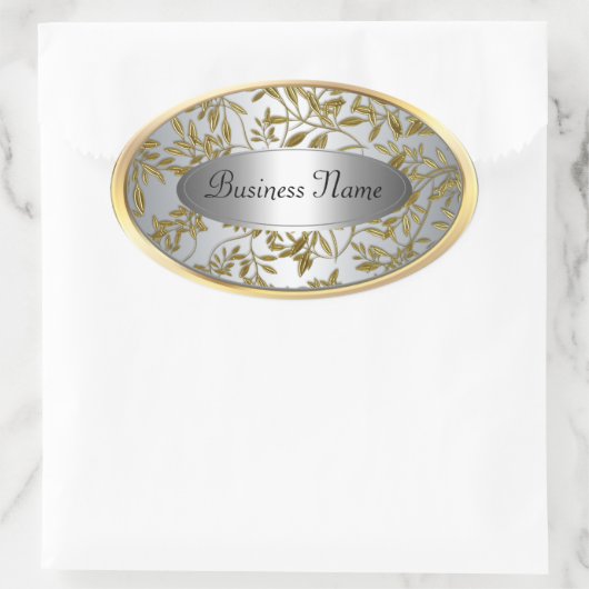 Ovaal Sticker label zwart zilvergoud bloemig (Tas)