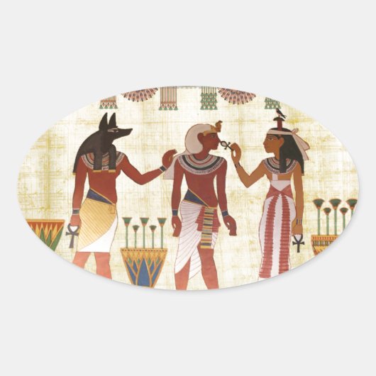 Ovaal sticker met een oude Egyptische kunststijl (Voorkant)