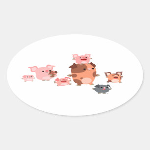 Ovaal Sticker van de varkensfamilie Cute Cartoon P