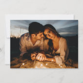 Ovaal van bladeren wit blauw foto bruiloft save the date (Achterkant)