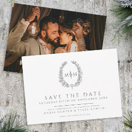 Ovaal van bladeren wit grijs foto bruiloft save the date