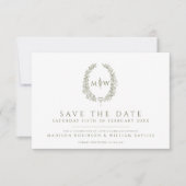 Ovaal van bladeren wit olijfgroen foto bruiloft save the date (Voorkant)