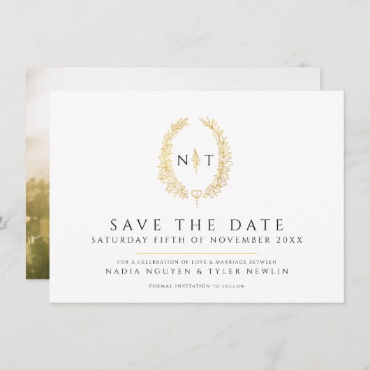 Ovaal van bladeren wit zwart foto bruiloft save the date (Voorkant / Achterkant)