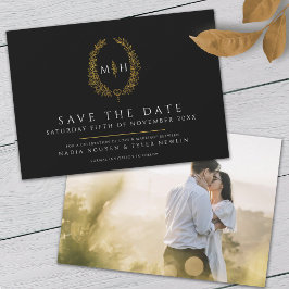 Ovaal van bladeren zwart wit goud foto bruiloft save the date