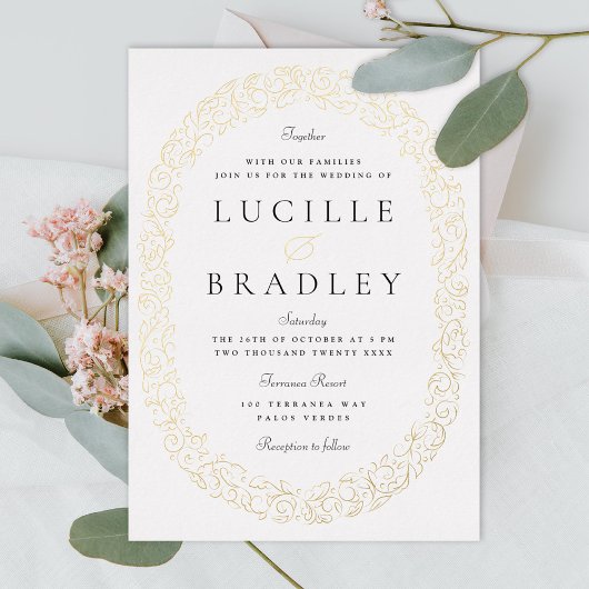 ovaal van scrollende bladeren folie uitnodiging