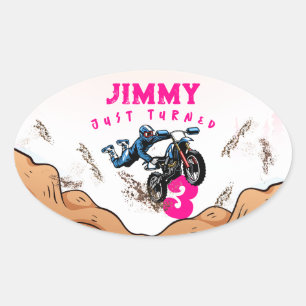 Ovaal verjaardagskaart voor biker kids met dirt st ovale sticker