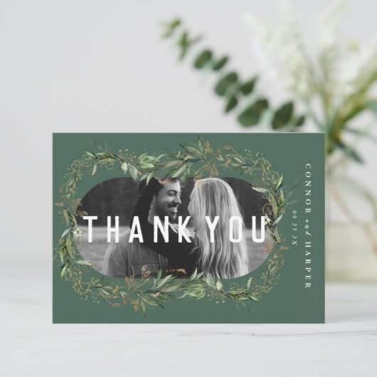 Oval Boho Bold Abstract Modern Leafy Golden Foto Bedankkaart (Staand voorkant)