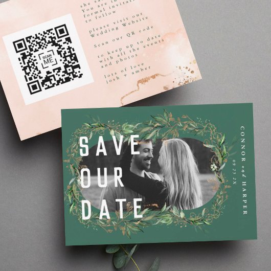 Oval Boho Bold QR Code Modern Leafy Golden Foto Save The Date