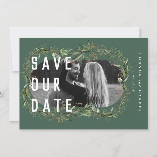Oval Boho Bold QR Code Modern Leafy Golden Foto Save The Date (Voorkant)