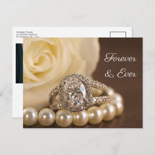 Oval Diamond Ring White Rose Wedding Save the Date Aankondigingskaart (Voorkant / Achterkant)