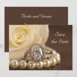 Oval Diamond Ring White Rose Wedding Save the Date Kaart