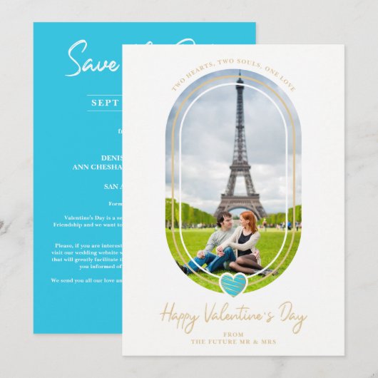 Oval Effect Blue Heart Happy Valentine's Day Photo Save The Date (Voorkant / Achterkant)