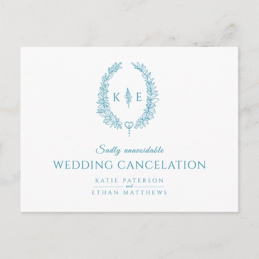 Oval leaf met blauwgroen annulering monogram bruil aankondigingskaart (Voorkant)