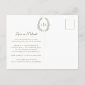 Oval leaf monogram bruiloft annulering olijfgroen aankondigingskaart (Achterkant)