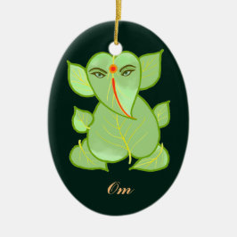 Oval Om Green Leaves Ganpati Ornament