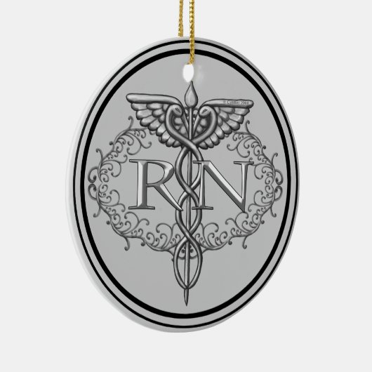 Oval Silver Caduceus RN Nurse Keramisch Ornament (Rechts)