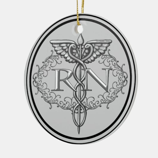 Oval Silver Caduceus RN Nurse Keramisch Ornament (Links)