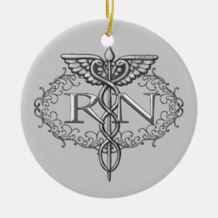 Oval Silver Caduceus RN Nurse Keramisch Ornament