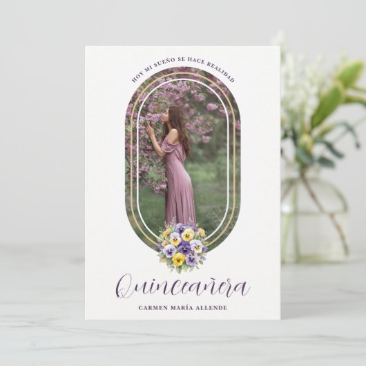 Oval Spanish Chic Floral Bouquet Photo Quinceañera Kaart (Staand voorkant)