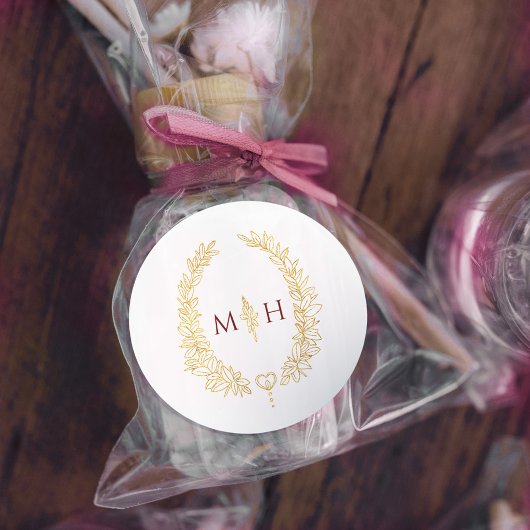 Oval wreath wedding monogram gold dark red white ronde sticker