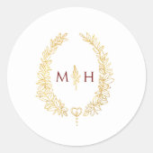 Oval wreath wedding monogram gold dark red white ronde sticker (Voorkant)