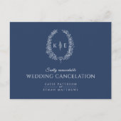 Ovale bladblauw met monogram bruiloft: blauw aankondigingskaart (Voorkant)