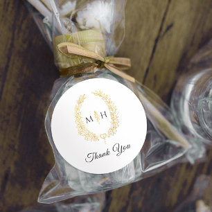 Ovale bladeren goud zwart monogram trouwgunst ronde sticker