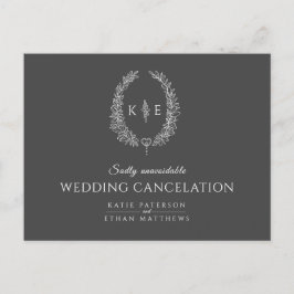 Ovale bladkrans monogram huwelijks annulering grij aankondigingskaart