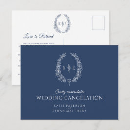 Ovale bladkrans monogram huwelijksannulering blauw aankondigingskaart