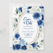 Ovale Blauwe Bloemen Huwelijk Save the Date Kaart (Voorkant)