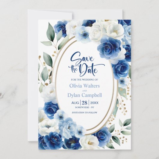 Ovale Blauwe Bloemen Huwelijk Save the Date Kaart (Voorkant)