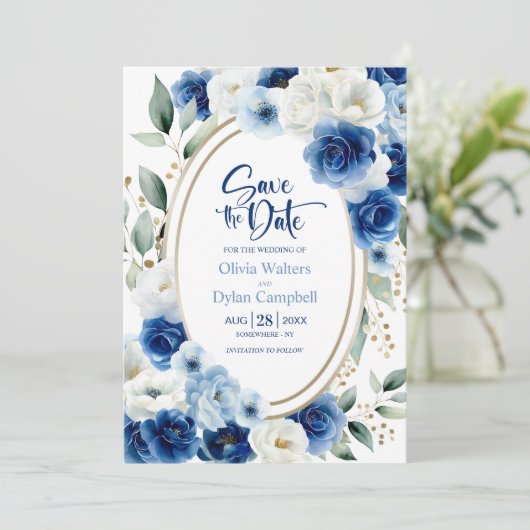 Ovale Blauwe Bloemen Huwelijk Save the Date Kaart (Staand voorkant)