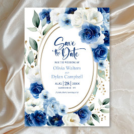 Ovale Blauwe Bloemen Huwelijk Save the Date Kaart