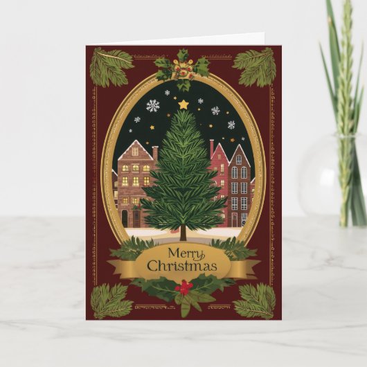 Ovale Boom & Europese Dorp Kerstmis Kaart (Voorkant)