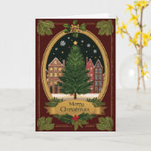 Ovale Boom & Europese Dorp Kerstmis Kaart (Gele Bloem)
