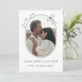 Ovale foto met dunne rand en een minimale strik save the date (Staand voorkant)